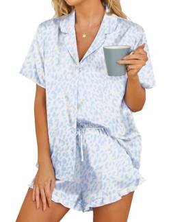 Hotouch Damen Schlafanzug Kurz Sommer Satin Pyjama Set Kurzarm Sleepwear, Blau L von Hotouch