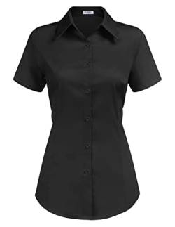 Hotouch Damen Schwarze Bluse Baumwolle Hemd Kurzarm Tops Shirt Elegant mit Button Down Oberteile Freizeit Tops Schwarz XS von Hotouch