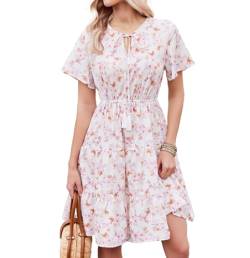 Hotouch Damen Sommerkleid V-Ausschnitt Bohemian Kleid Tunika Kurzarm Kleider Knielang Strandkleider Blumen Freizeitkleid Wickelkleid Rosa blumig XXL von Hotouch