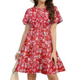 Hotouch Damen Sommerkleid V-Ausschnitt Bohemian Kleid Tunika Kurzarm Kleider Knielang Strandkleider Blumen Freizeitkleid Wickelkleid Rot blumig S von Hotouch