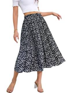 Hotouch Damen Sommerrock Chiffon Midirock Retro Sommer Rock Elastische Taille Faltenrock Elegante Strandrock Maxirock mit Tasche Sommer Winter Blume S von Hotouch