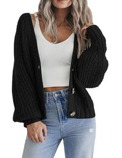 Hotouch Damen Strickjacke Kurz Langarm Cardigan Schwarz mit Knopf V-Ausschnitt Lässig Pullover & Strickjacken Weich Frühling Outerwear XL von Hotouch