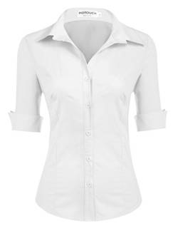 Hotouch Damen Weißes Hemd Baumwolle Hemdbluse mit V Ausschnitt Businesshemd 3/4 Ärmeln Button Down Shirt Weiß XS von Hotouch