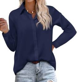 Hotouch Damenblusen Hemdbluse Langarmshirt Tuniken Hemdjacke Baumwolle Elegant V-Ausschnitt Musselin Longbluse Oberteile Hemden Tunika Basic Tops Mit Knöpfen Oversized Dunkelblau S von Hotouch