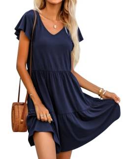 Hotouch Kleider Damen Freizeit Lose Sommerkleid A-Linie Gestuftes Kleider Einfarbig V-Ausschnitt Knielanges Kleid Kurzarm Rüschen Strandkleid Navy blau XL von Hotouch