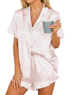 Hotouch Kurz Schlafanzug Damen Sommer Satin Pyjama Set Kurzarm Frauen, Leopard Rosa XL von Hotouch