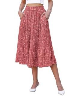 Hotouch Midirock Damen Polka Dot Elastische Taille Plisseerock Sommer Chiffon Lang Rock Swing Elegant Ziegelrot Faltenrock mit Taschen Größe M von Hotouch