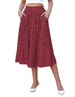 Hotouch Plisseerock Damen Lang Elastische Taille Midirock Polka Dot Sommer Chiffon Rock Swing Elegant Wein Rot Faltenrock mit Taschen Größe XL von Hotouch