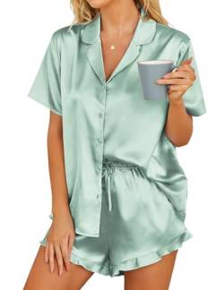 Hotouch Satin Schlafanzug Damen Sommer Kurz Pyjama Set Kurzarm Loungewear, Grün XXL von Hotouch