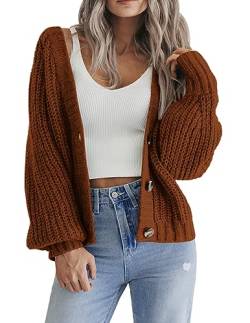 Hotouch Strickjacke Damen Grobstrick V-Ausschnitt Knöpfen Dicker Cardigan Kurz Langarm Gestrickte Jäckchen Weich Ziegelrot Pullover Herbst XL von Hotouch