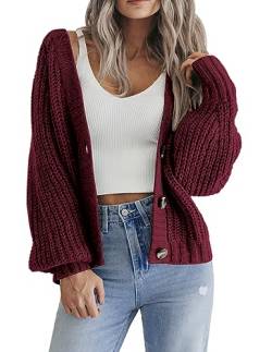 Hotouch Strickjacke Damen Kurz V-Ausschnitt Knöpfen Grobstrick Cardigan Einfarbig Langarm Schulterjacke Top Weihnachten Weinrot Lässig Jacke L von Hotouch