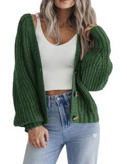 Hotouch Strickjacke Damen Kurz V-Ausschnitt Knopfleiste Strick Cardigan Laternenärmel Gestrickte Elegant Casual Strickmantel Grün L von Hotouch