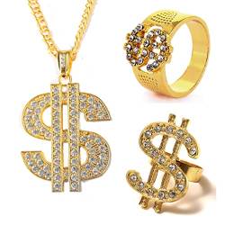 Houhounb 3 Stück Punk Stil Dollar Halskette und Ringe Dollarzeichen Anhänger Vergoldete Kette Legierung Halskette für Kinder Männer Frauen Trendparty Hip Hop Rapper von Houhounb