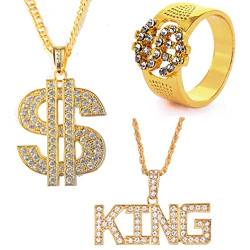 Houhounb 3 Stück Punk Stil Legierung Halskette und Ringe Dollarzeichen und King Anhänger Vergoldete Kette US Dollar Halskette für Kinder Männer Frauen Trendparty Hip Hop Rapper von Houhounb