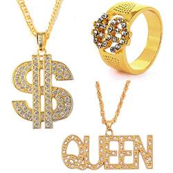 Houhounb 3 Stück Punk Stil Legierung Halskette und Ringe Dollarzeichen und Queen Anhänger Vergoldete Kette US Dollar Halskette für Kinder Männer Frauen Trendparty Hip Hop Rapper von Houhounb
