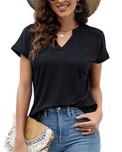Hount Basic T-Shirt Blusen für Damen Solide Basic Tunika Longshirt Casual Kurzarm Hemd (S, Schwarz) von Hount