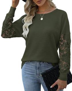 Hount Damen Bluse Oberteile Pullover Vintage Winter Dünn Waffel Strick Longpullover (XL, Grün) von Hount