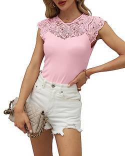 Hount Damen Blusen mit Rundhals Elegant Spitzenshirt Sommer Top Ärmellos Knopfleiste Schick Oberteile (XXL, Rosa) von Hount