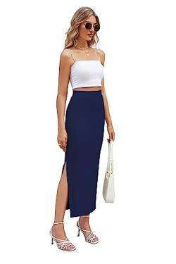 Hount Damen Langer Rock Sommer Vintage Rock Maxi Rock Lang mit Schlitz Business Bleistiftrock (L, Dunkelblau) von Hount