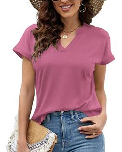 Hount Damen Oberteile Locker Luftige Basic Schickes T-Shirt Sommerbluse mit V-Ausschnitt (S, Rose) von Hount