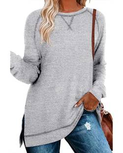 Hount Damen Oberteile Oversize Tops Pullover Dünn Langarm Tuniken Sweater Warm Einfarbig Tshirt (L,Hellgrau) von Hount