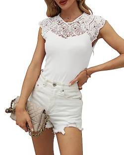 Hount Damen Oberteile Spitzenkragen Sommer Tops Rundhals Ärmellose Shirt Eng Leichte Elegant Bluse (S, Weiß) von Hount