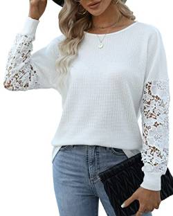 Hount Damen Pullover Sweatshirt Rundhals Locker Langarmshirt Lang Hemdbluse Oberteile (XL, Weiß) von Hount