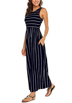 Hount Damen Sommer-Ärmellos gestreiftes Flowy beiläufige lange Maxi-Kleid mit Taschen groß Navy blau von Hount