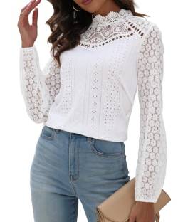 Hount Damen Spitzenkragen Longbluse Knopfleiste Laternenärmeln Oberteile Shirt Herbst Tops (XL, Weiß) von Hount