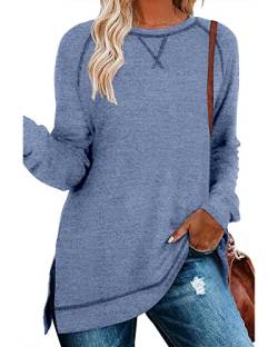 Hount Lässige Langramshirt Damen Pullover Longsleeve Oversize Rundhals Ausschnitt Sweatshirt Oberteile (L,Blau) von Hount