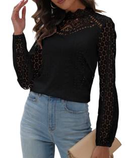 Hount Spitzenshirt Damen Elegant Tunika Casual Leichte Shirt Bluse Locker Trachtenshirt (M, Schwarz) von Hount