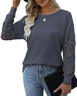 Hount Waffel Strick Bluse Damen Spitze Oberteile Lang Casual Langarmshirt Hemdbluse (S, Blau) von Hount