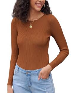 Hount Women Ribbed Knit Tops Longsleeve Eng Rundhals Oberteile Herbst Elegant Shirt (L，Karamell) von Hount