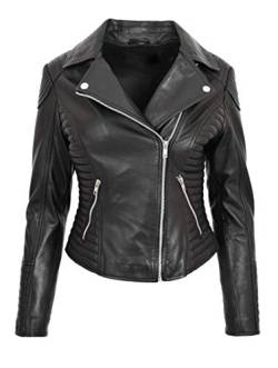 House of Leather Damen Echt Leder Biker Jacke Kreuzen Reißverschluss Schlanke Passform Stil Anna Schwarz 44 von House of Leather