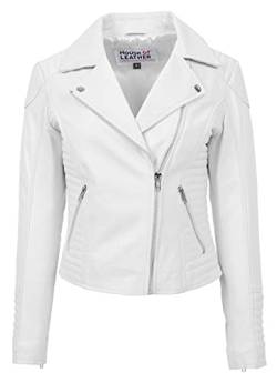 House of Leather Damen Echt Leder Biker Jacke Kreuzen Reißverschluss Schlanke Passform Stil Anna Weiß 34 von House of Leather