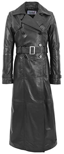 House of Leather Damen Echt Leder Volle Länge Mantel Doppelt Gebrüstet Graben Stil Sharon Schwarz 46 von House of Leather