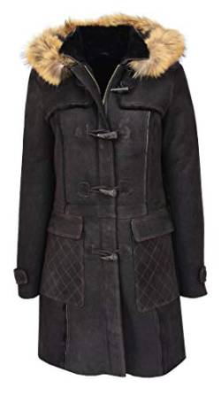 House of Leather Damen Echt Schaffell Mantel 3/4 Länge Duffle Mit Kapuze Parka Beth Braun 44 von House of Leather