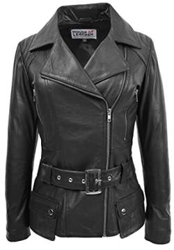 House of Leather Damen Echtes Leder Biker Jacke Kreuzreißverschluss mit Taillengürtel Celia Schwarz 44 von House of Leather