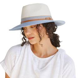 House of Ord Cape Town Bella Fedora - Sonnenhut Damen - Faltbarer Safari Hut Damen - Eleganter Strohhut Damen - Sommerhut Damen mit UPF50+ UV Schutz - Größe M 58cm, Ivory/Blue von House of Ord Cape Town