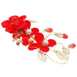 Housoutil Haarspange mit roter Hochzeitshaarschmuck für Frauen Blumen-Haarspangen Haarnadel Strasssteine Hochzeit Haarspange Perlen-Haarspange Mädchen Kopfbedeckung Perlenblume Braut von Housoutil