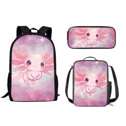 Howilath 3-teiliges Tagesrucksack-Set mit Tiermotiven, aus Leinen, für Teenager, Jungen, Mädchen, Kinder, Fußball, Cartoon, Ethno-Stil, 43,2 cm, Rucksack-Set mit Lunchbox, Federmäppchen, Rosa Axolotl von Howilath