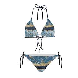 Howilath Bikini-Set, sexy, 2 Stück, Bikini, Badeanzug, gepolsterte String, Dreieck, Bademode für Damen, Handflächen-Blumen-Avocado-Pfoten, Blauer Marmor, XL von Howilath