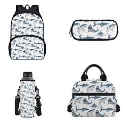 Howilath Cartoon Hahn Blume schwarz 4 Stück Rucksack mit Mittagessen Tasche Bleistift Box Wasserflasche Sling Bag für Jungen Mädchen, Haifischmuster, Lässiger Tagesrucksack von Howilath