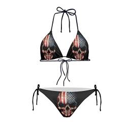 Howilath Damen Bikini Dreieck Gepolstert Halfter Badeanzug für Strand Meer Schwimmen Nationalflagge Gepard Galaxy, USA-Flagge Totenkopf, 52 von Howilath