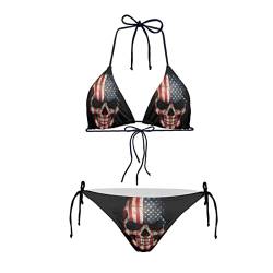 Howilath Damen Bikini Dreieck Gepolstert Halfter Badeanzug für Strand Meer Schwimmen Nationalflagge Gepard Galaxy, USA-Flagge Totenkopf, XS von Howilath