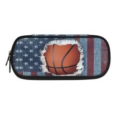 Howilath Federmäppchen für Kinder, Kawaii-Federmäppchen, für Jungen und Mädchen, Schreibwaren-Organizer, Stiftebox, Basketball mit amerikanischer Flagge, 8.8"L x 1.7"W x 4.1"H, Schulranzen von Howilath