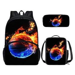 Howilath Flaming Basketball Doppel-Schultertasche mit Lunch-Tasche, Stifttasche, 3-in-1-Rucksack, Lunchbox, Stifttasche für Kinder, Schwarz von Howilath