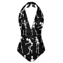 Howilath Jamaikanische Flagge Neckholder Bikini Frauen Jamaika Flaggen Badeanzug Bauchkontrolle Einteiliger rückenfreier Badeanzug, totenkopf, S von Howilath