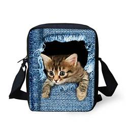 Howilath Kleine Messenger-Tasche mit lustigem Tiermotiv, für Outdoor-Reisen, Schultertasche, Handy-Tasche, Zerrissene Jeans Kitty, Small von Howilath