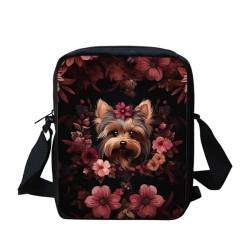 Howilath Lustige Tier bedruckte kleine Messenger Bag Outdoor Reise Sling Umhängetasche Handytasche, Yorkshire Terrier Blumenmuster von Howilath